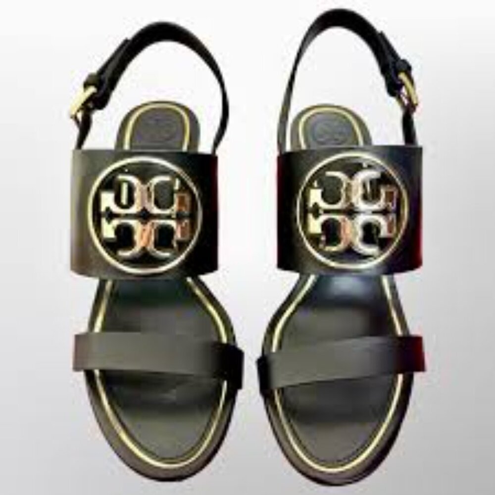 Tory Burch Metal Miller 65MM wedges leather Logo Size 10 Black NWOB  Gold